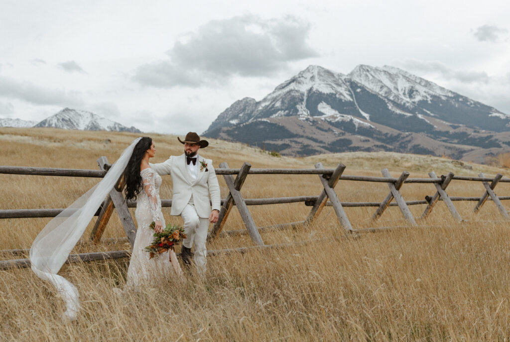 Sage Lodge wedding couple in Paradise Valley Montana beneath Emigrant Peak.